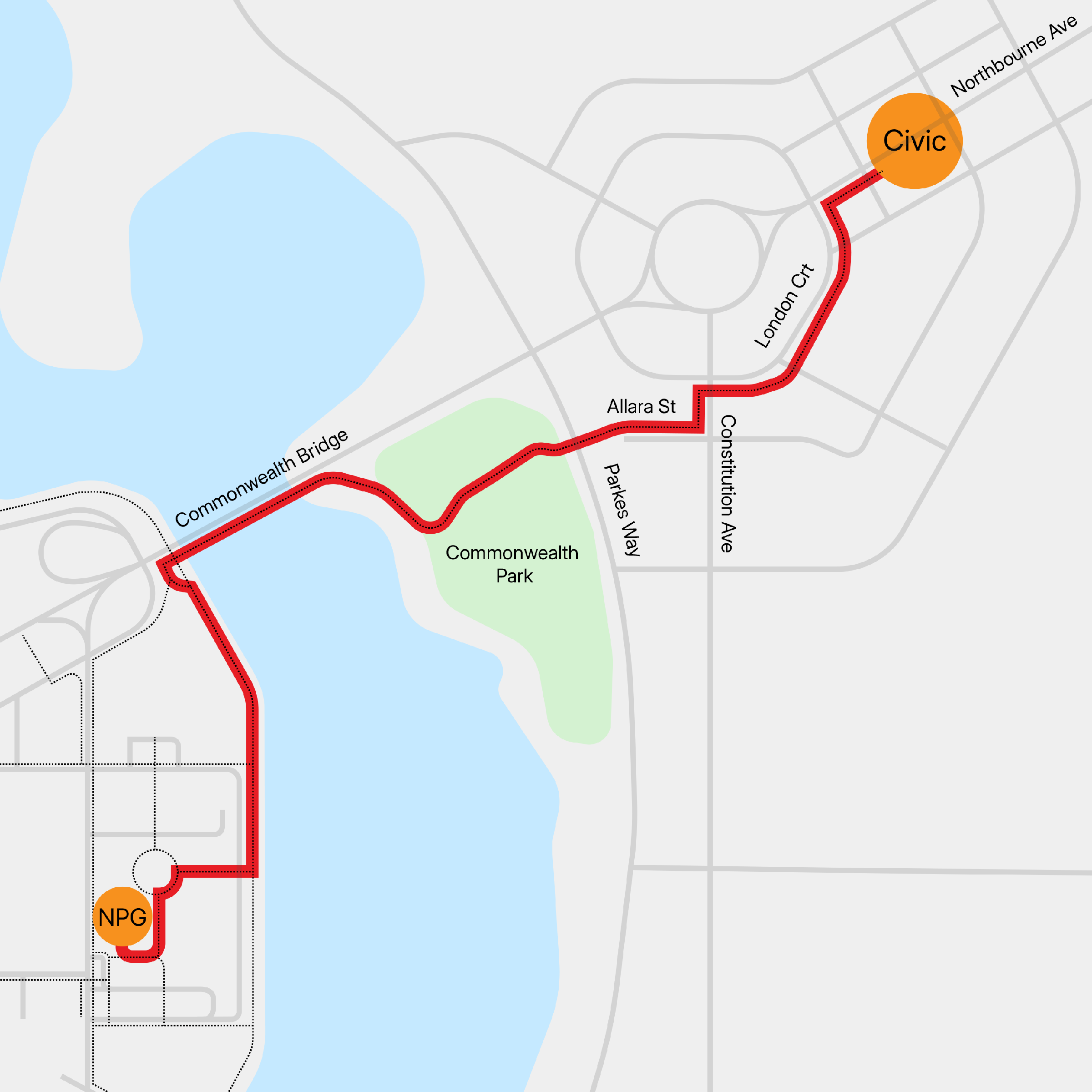 A map of the path for walking to the Gallery from Civic