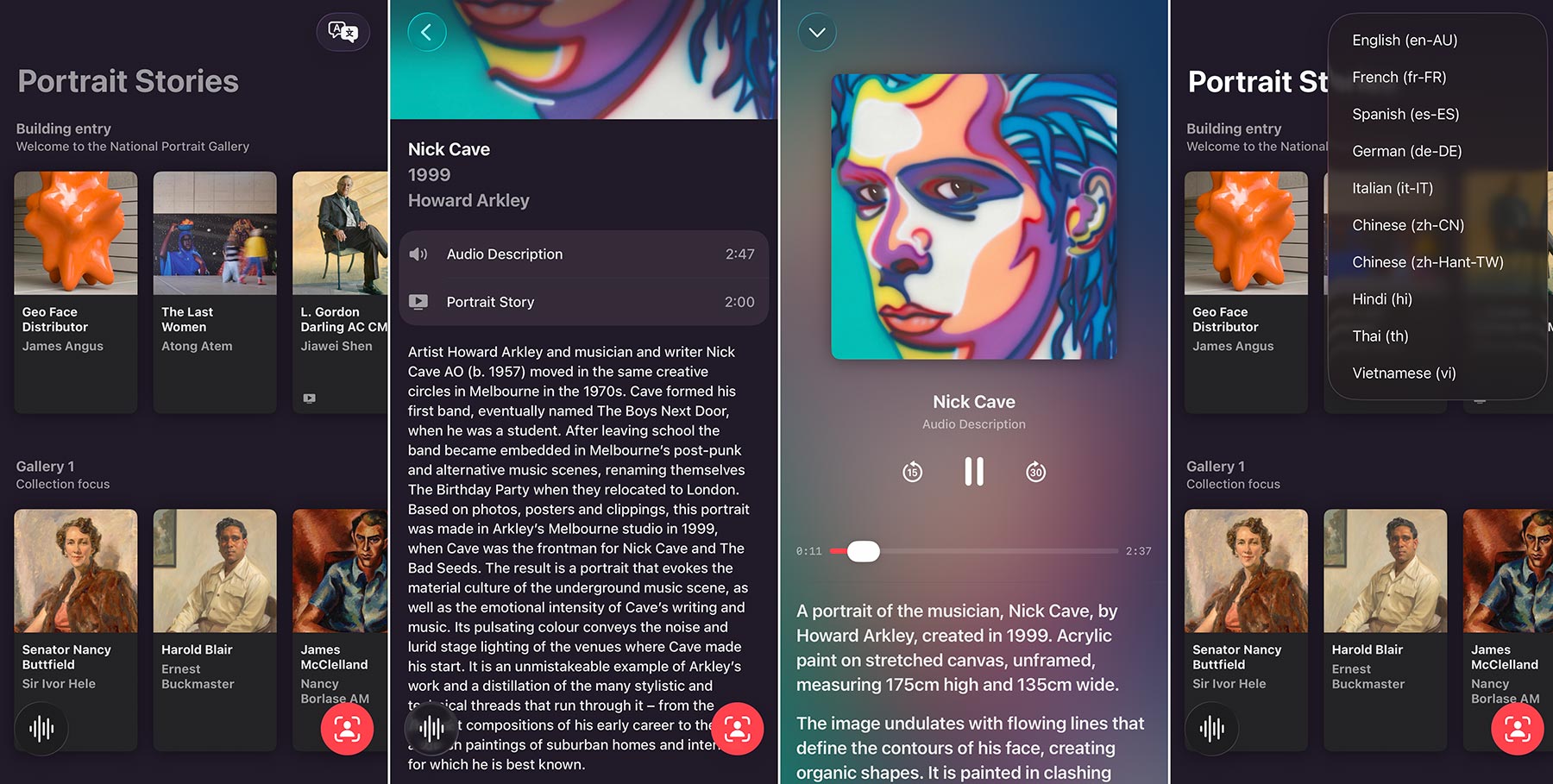 Four images of the Portrait Stories app showing audio description and translation options