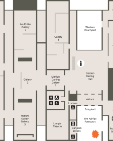 A floorplan of the Gallery showing the location of the entrance, cafe, shop and toilets