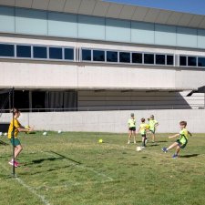 Children playing soccer outside the National Portrait Gallery